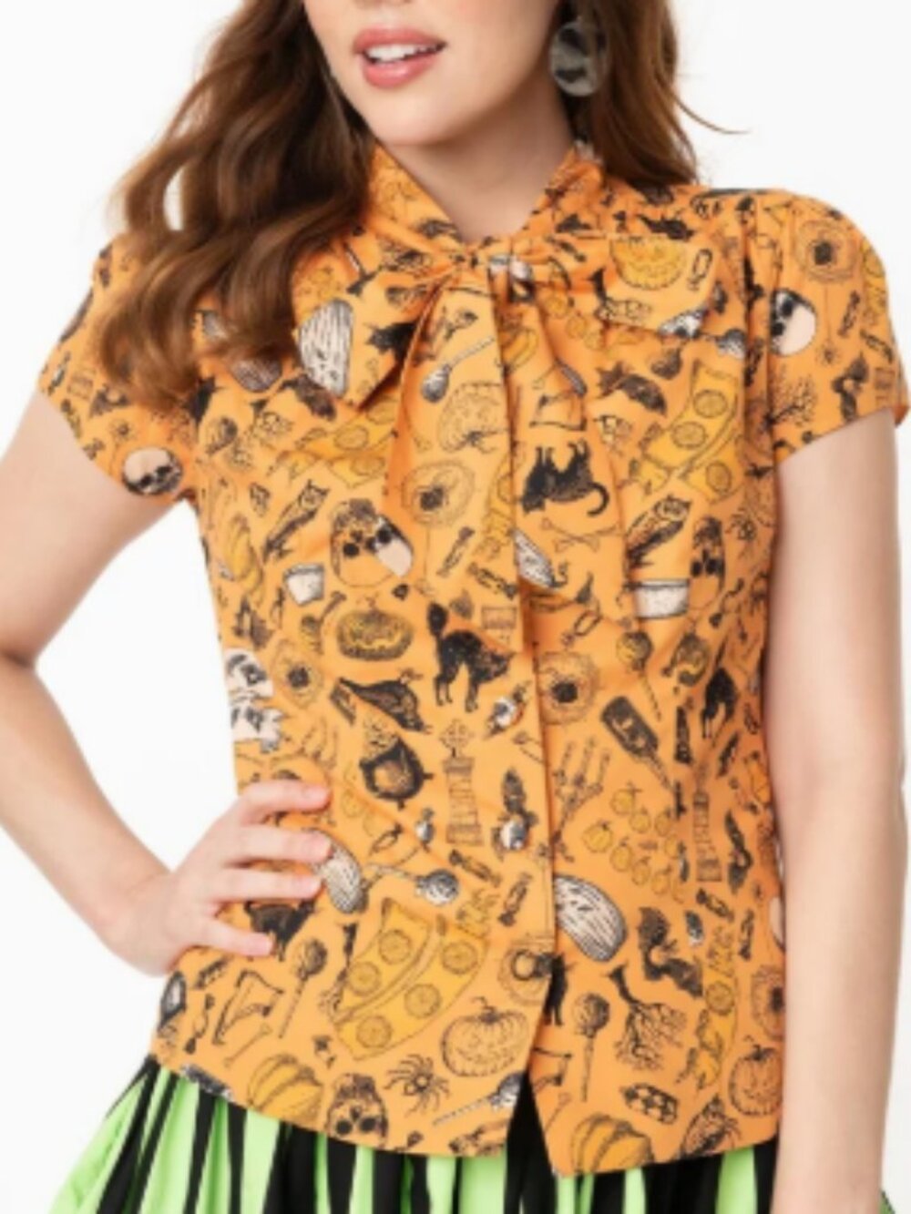 Unique Vintage Magnolia Park Small Button Up Bow Blouse Halloween Cat Skull Bat - Picture 2 of 7